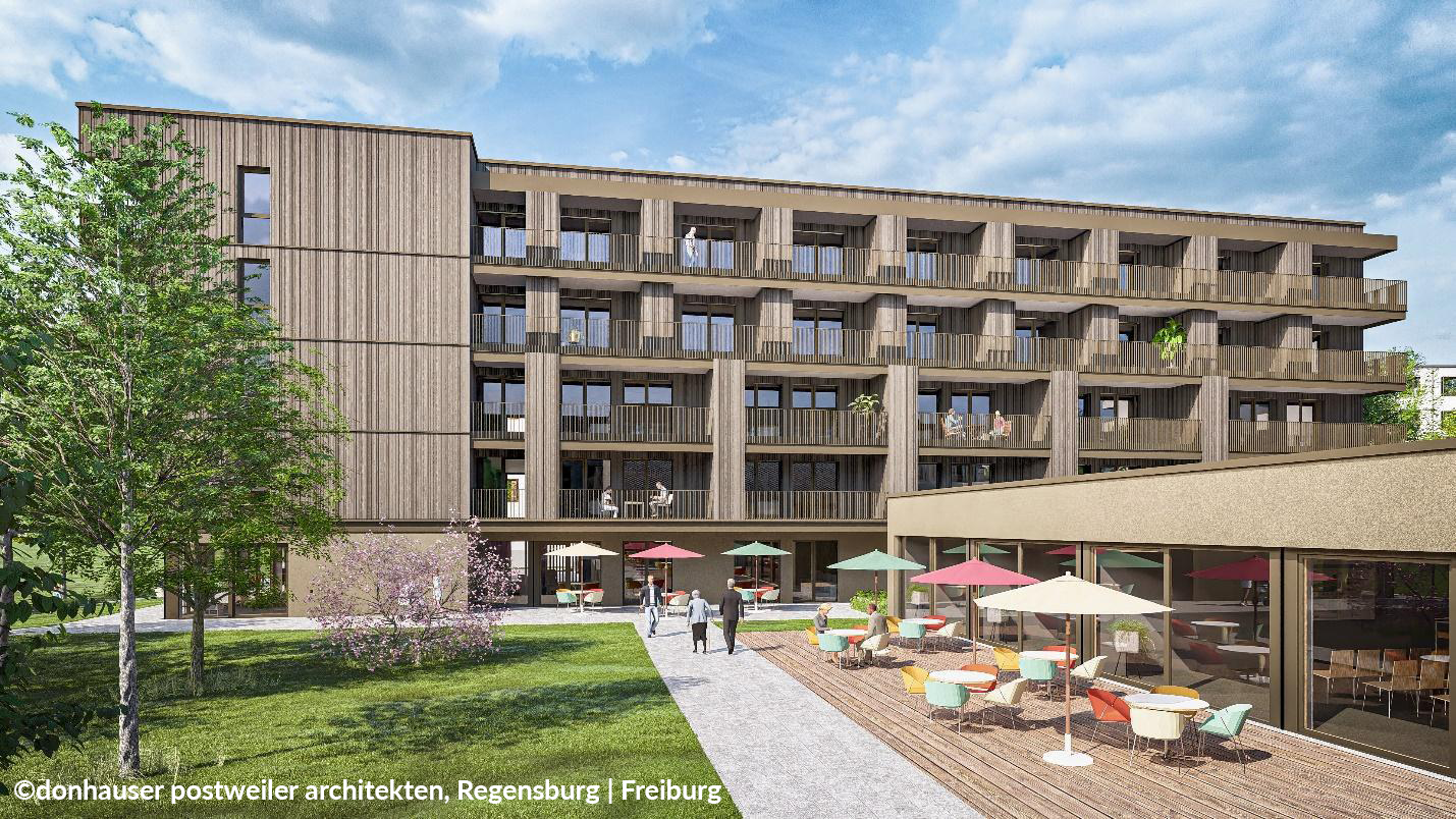Visualisierung von „Wohnen im Klostergarten" in Laupheim mit Wohnbau, Balkonen, Hof und Caféterrasse. Quelle: © donhauser postweiler architekten.