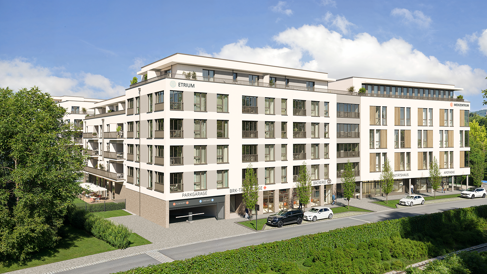 Visualisierung eines modernen Gebäudekomplexes mit ETRIUM, Ärztezentrum, Parkgarage, Apotheke und Bäckerei unter blauem Himmel.